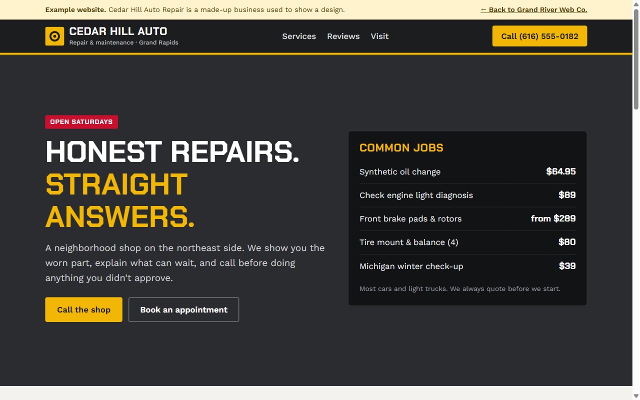 Cedar Hill Auto Repair example site on a laptop