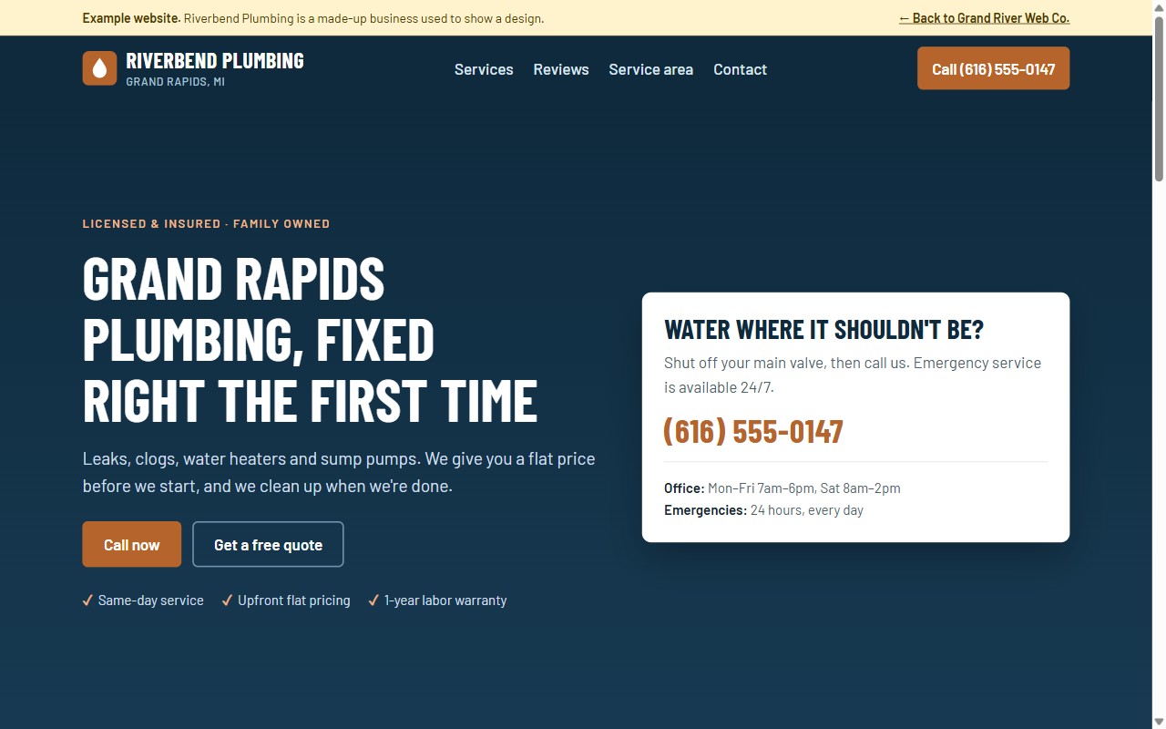 Riverbend Plumbing example site on a laptop